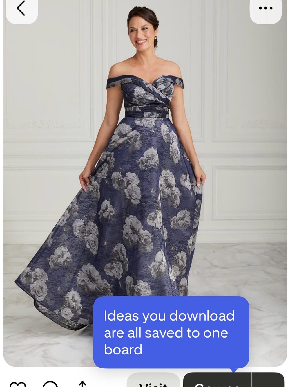 Off-the-Shoulder Navy Floral Evening Gown